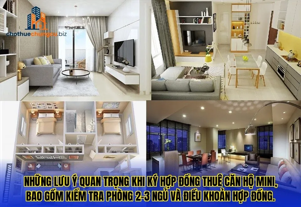 Những lưu ý quan trọng khi ký hợp đồng thuê căn hộ mini, bao gồm kiểm tra phòng 2-3 ngủ và điều khoản hợp đồng.